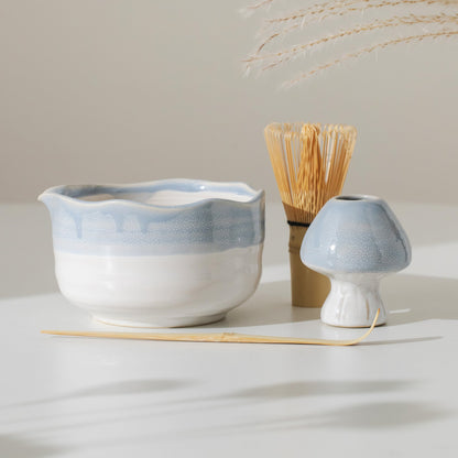 Hand Painted Light Gray Matcha Bowl Set of 4 with Glass Holder Matcha Kit Matcha Set Gift, Personalized Gift