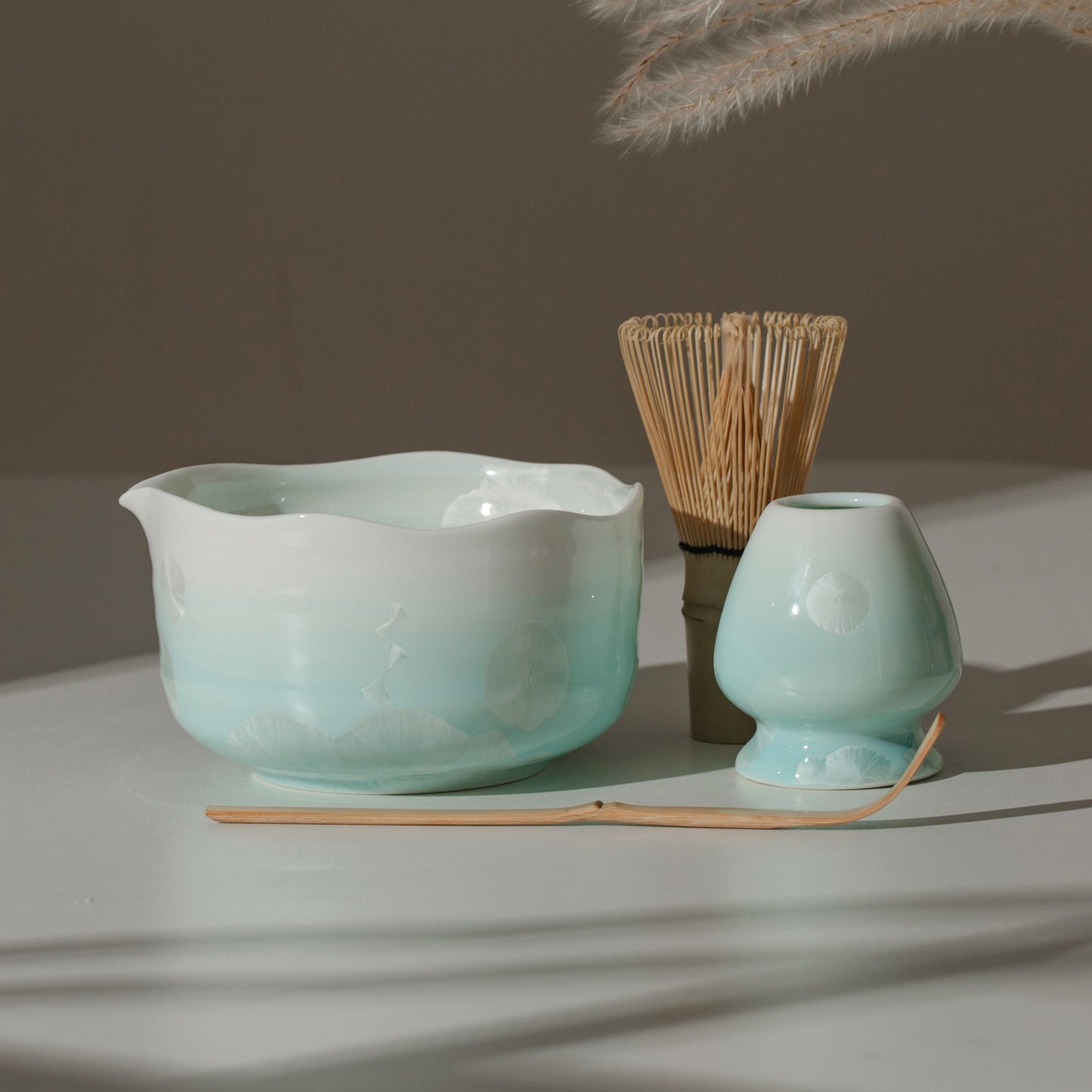 Handmade Natural Flower Glazing Gradient Blue Matcha Bowl Set, Matcha Gift Set, Matcha Tea Ceremony Set