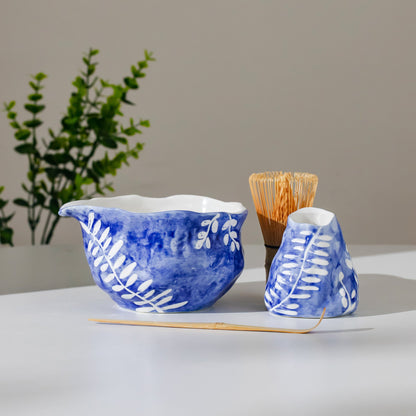 Sweeping Willow Matcha Set - Handbuilt Ceramic Chawan & Whisk Holder - Cobalt Blue with Inlaid White Leaf Trail - Unique Gift for Tea Lover