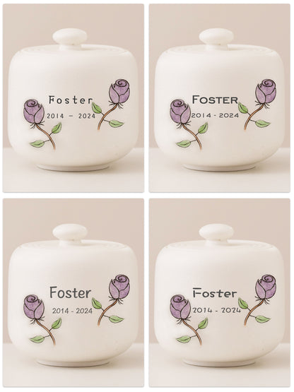 Hand Painted Purple Rose Elegant White Pet Urn  Personalized Cat & Dog Pet Urn, Custom Carved Pottery Keepsake Urn