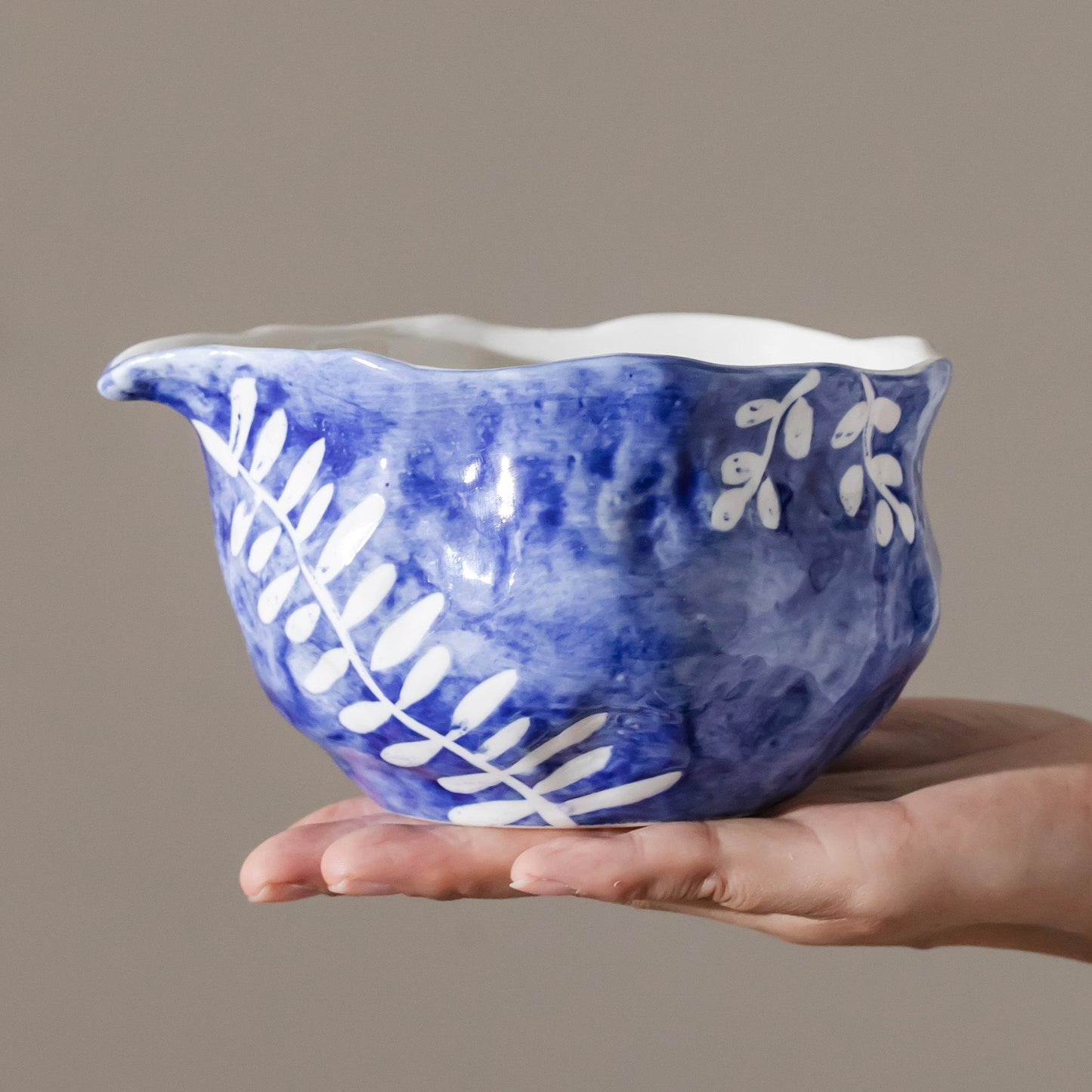 Sweeping Willow Matcha Set - Handbuilt Ceramic Chawan & Whisk Holder - Cobalt Blue with Inlaid White Leaf Trail - Unique Gift for Tea Lover