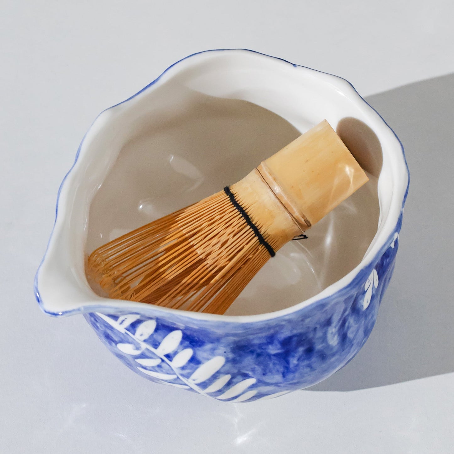 Sweeping Willow Matcha Set - Handbuilt Ceramic Chawan & Whisk Holder - Cobalt Blue with Inlaid White Leaf Trail - Unique Gift for Tea Lover