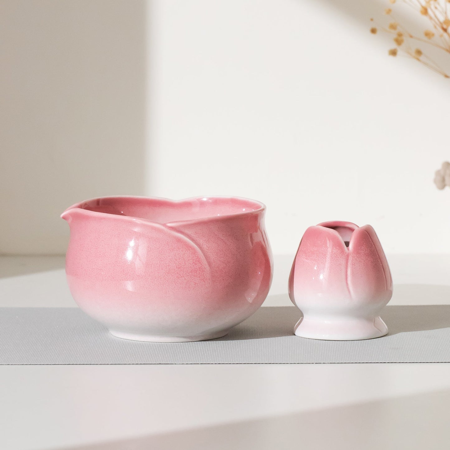 Handmade Exquisite Pink Flower-shaped Matcha Tea Bowl 4 pcs Tea Ceremony Set Flower Whisk Stand Gift for Her