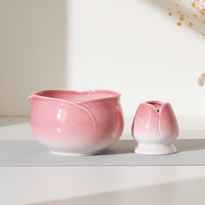 Handmade Exquisite Pink Flower-shaped Matcha Tea Bowl 4 pcs Tea Ceremony Set Flower Whisk Stand Gift for Her