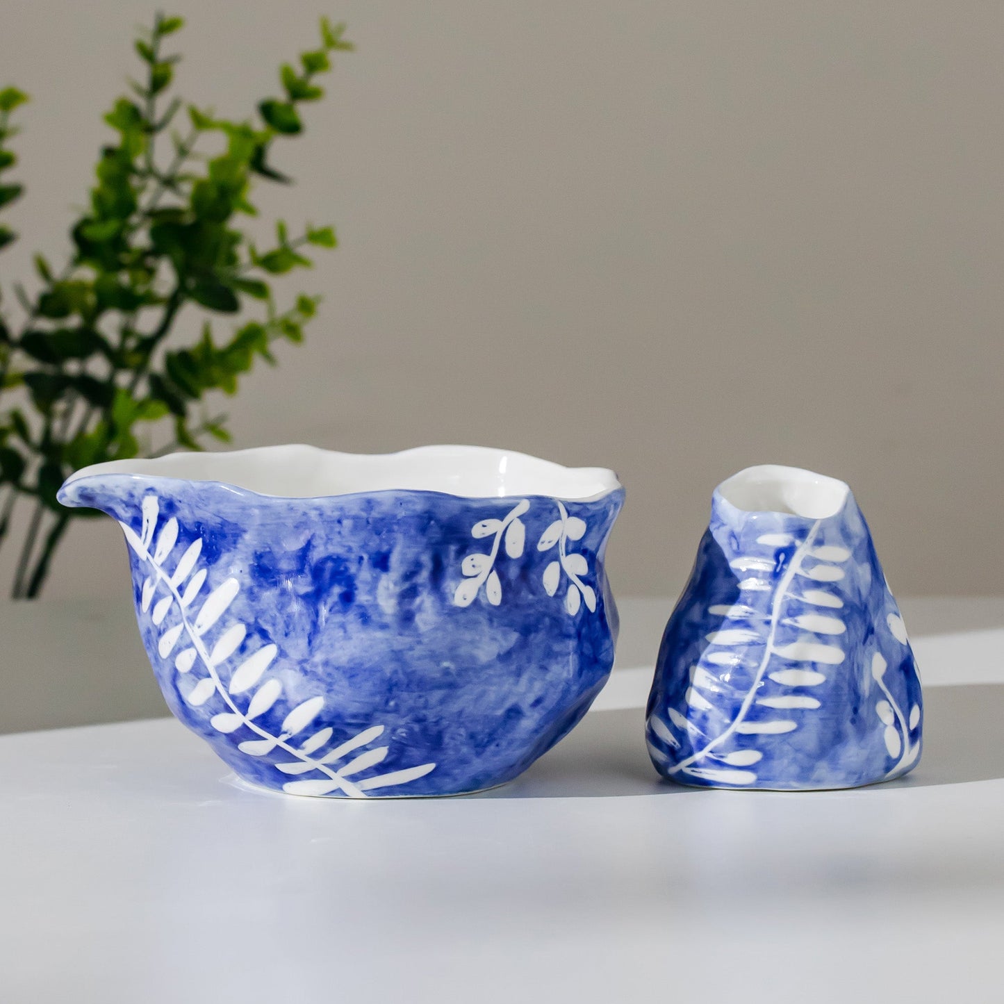 Sweeping Willow Matcha Set - Handbuilt Ceramic Chawan & Whisk Holder - Cobalt Blue with Inlaid White Leaf Trail - Unique Gift for Tea Lover