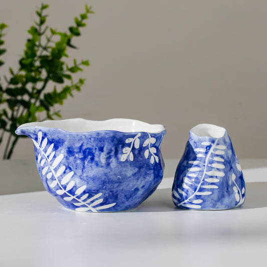 Sweeping Willow Matcha Set - Handbuilt Ceramic Chawan & Whisk Holder - Cobalt Blue with Inlaid White Leaf Trail - Unique Gift for Tea Lover