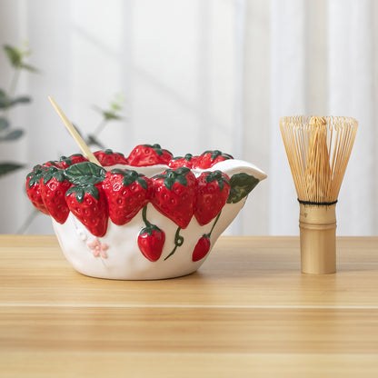 Handmade Exquisite Red Embossed Strawberry Matcha Bowl Set of 4 Tea Ceremony Set with Strawberry Whisk Holder Matcha Gift for Her