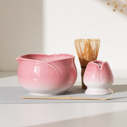 Handmade Exquisite Pink Flower-shaped Matcha Tea Bowl 4 pcs Tea Ceremony Set Flower Whisk Stand Gift for Her