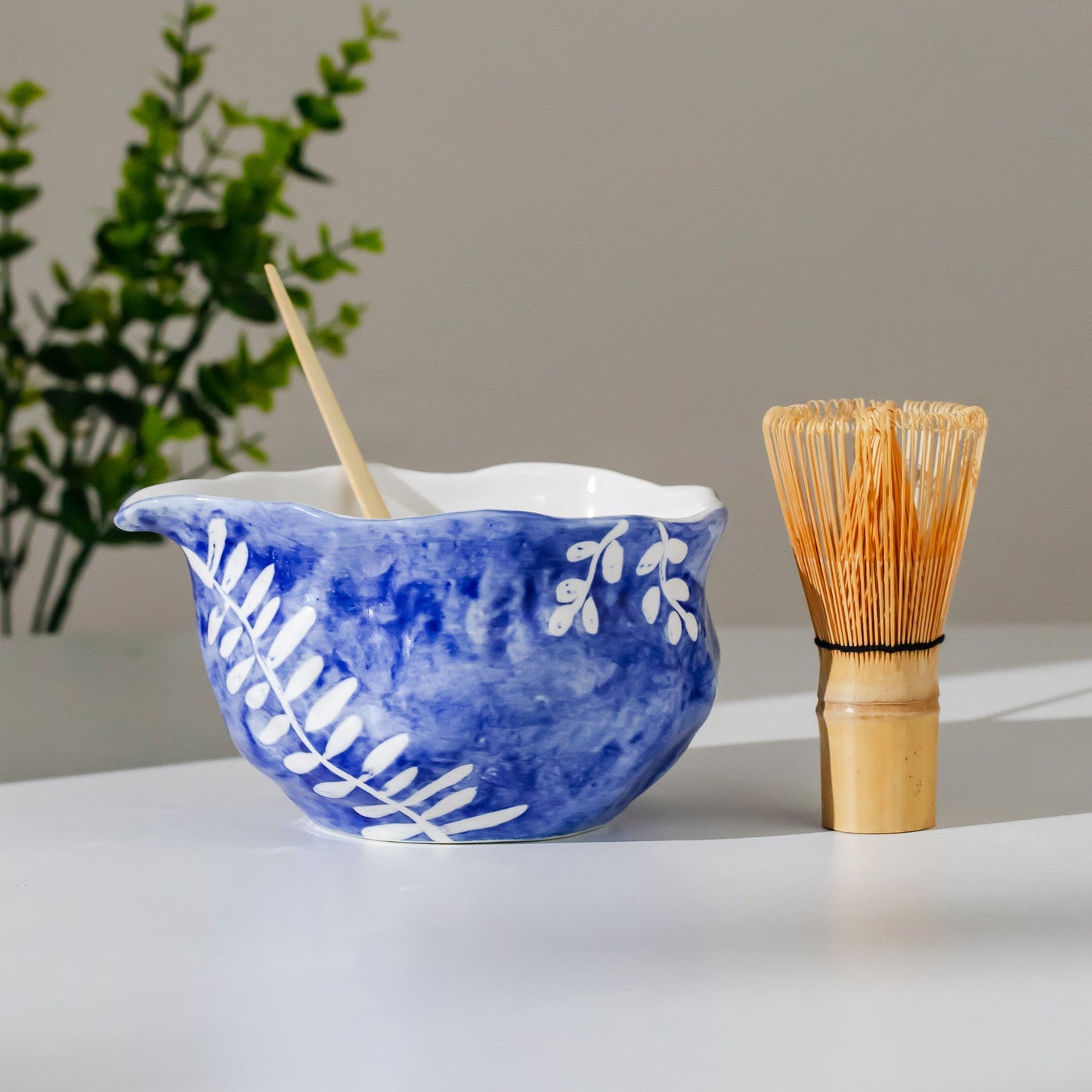 Sweeping Willow Matcha Set - Handbuilt Ceramic Chawan & Whisk Holder - Cobalt Blue with Inlaid White Leaf Trail - Unique Gift for Tea Lover
