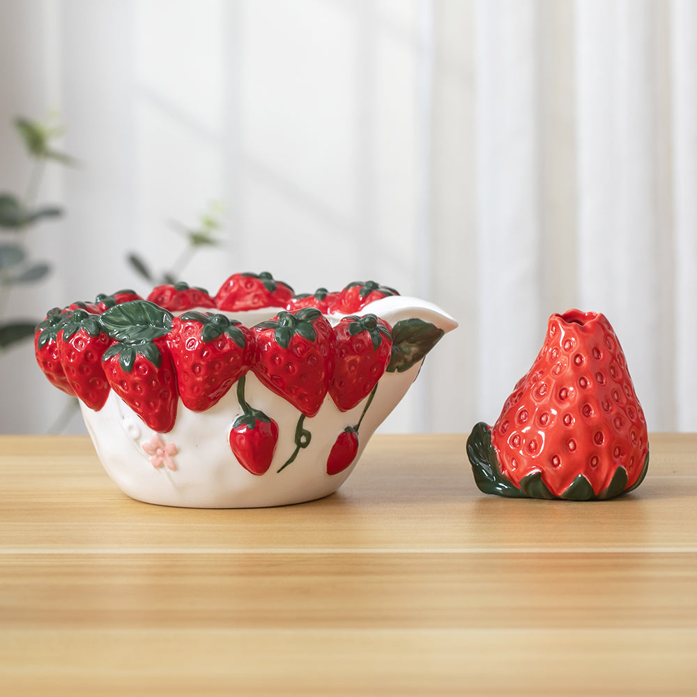 Handmade Exquisite Red Embossed Strawberry Matcha Bowl Set of 4 Tea Ceremony Set with Strawberry Whisk Holder Matcha Gift for Her