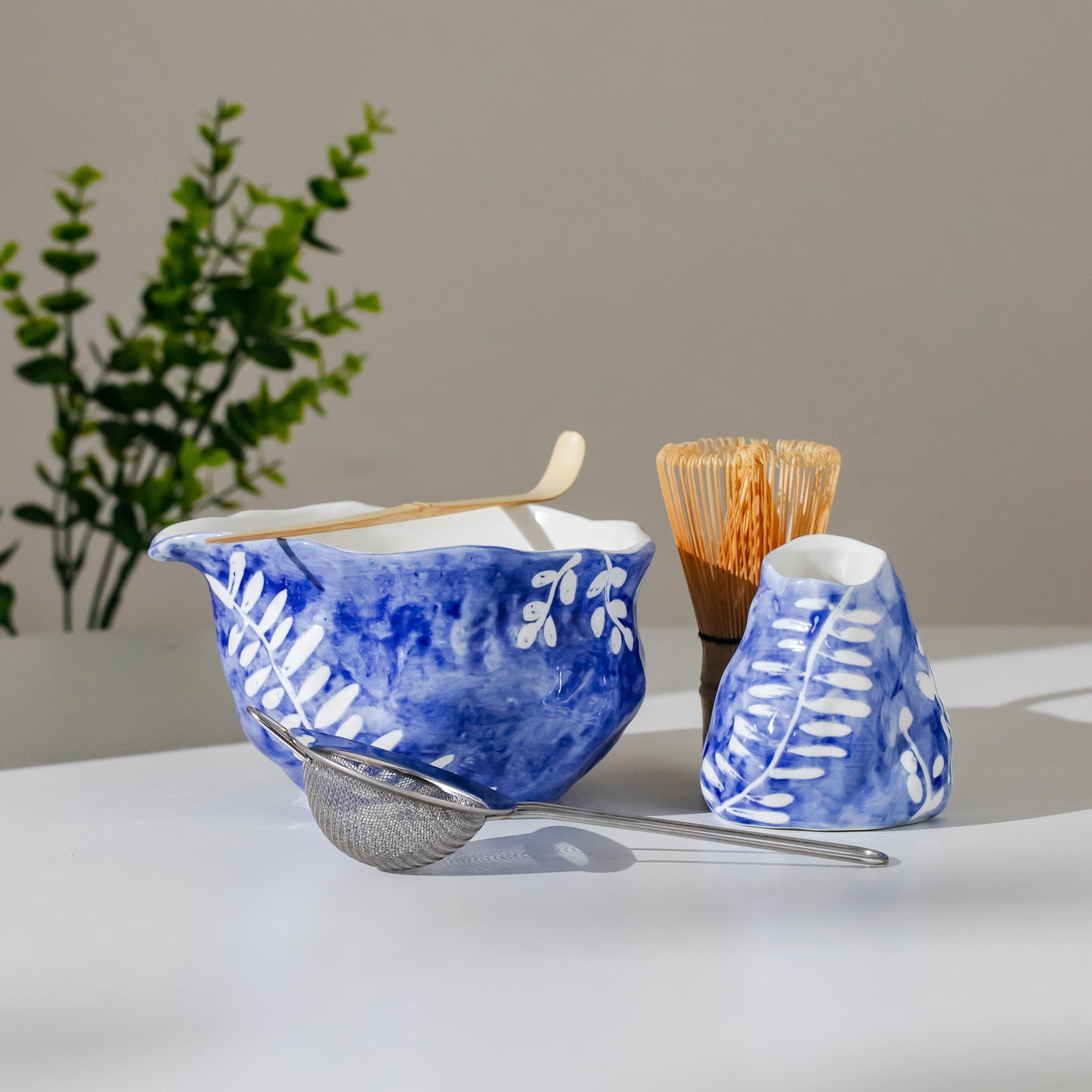 Sweeping Willow Matcha Set - Handbuilt Ceramic Chawan & Whisk Holder - Cobalt Blue with Inlaid White Leaf Trail - Unique Gift for Tea Lover