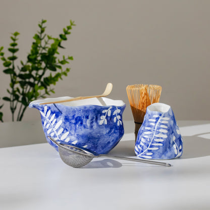 Sweeping Willow Matcha Set - Handbuilt Ceramic Chawan & Whisk Holder - Cobalt Blue with Inlaid White Leaf Trail - Unique Gift for Tea Lover