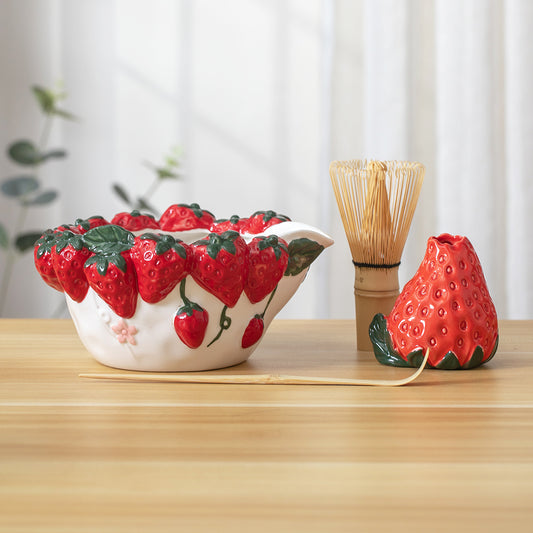 Handmade Exquisite Red Embossed Strawberry Matcha Bowl Set of 4 Tea Ceremony Set with Strawberry Whisk Holder Matcha Gift for Her